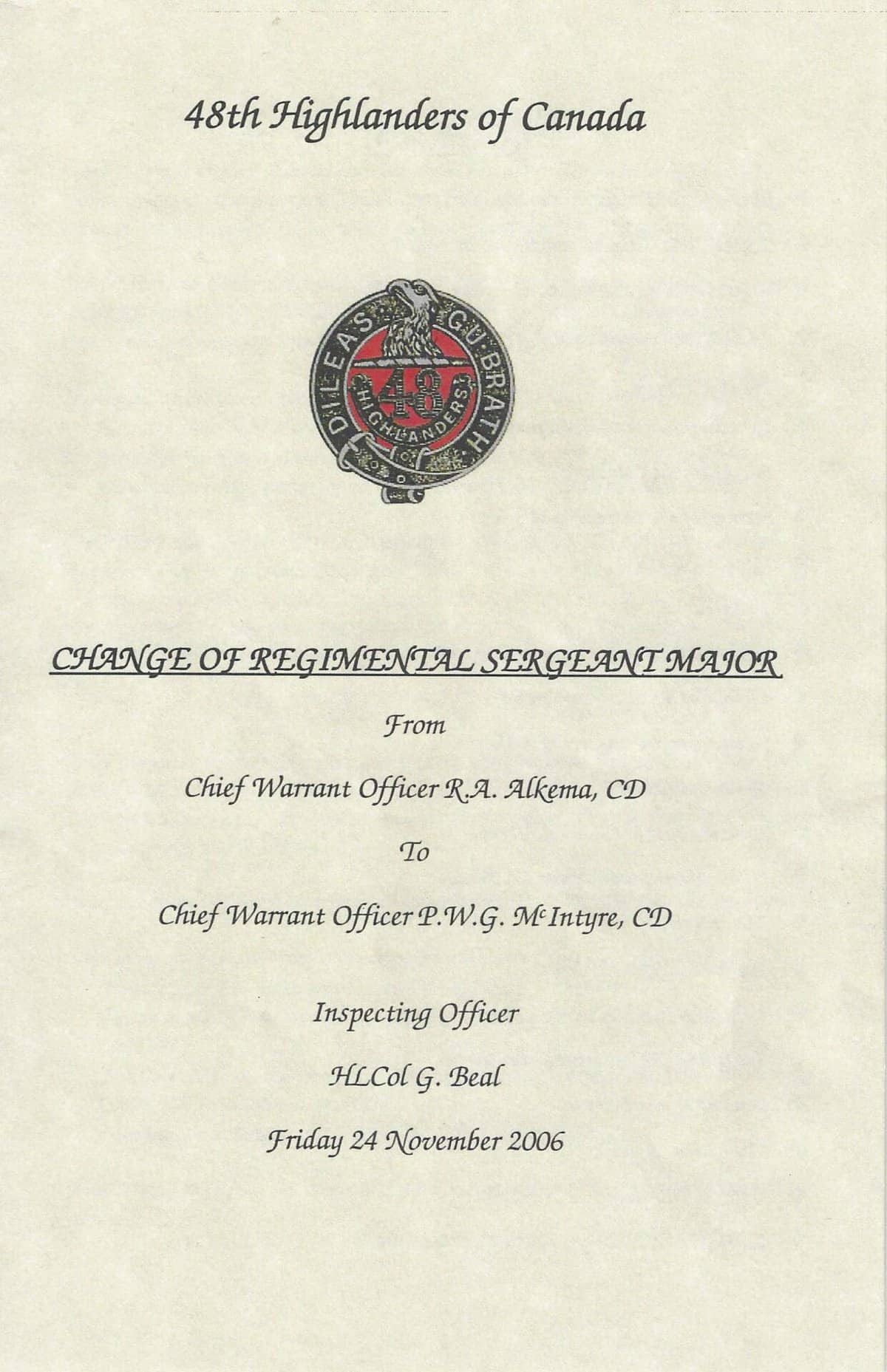 Program  - Change of RSM, 24 November 2006 - CWO R. A. Alkema to CWO P. W. G. McIntyre
