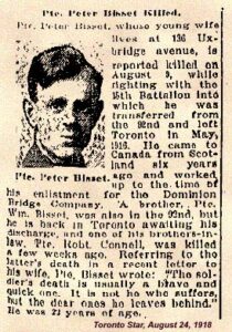 Pte Peter Bisset 9 Aug 1918 Manitoba Cemetery